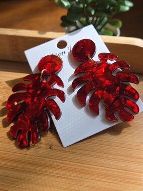Red Monstera Leaf Earrings